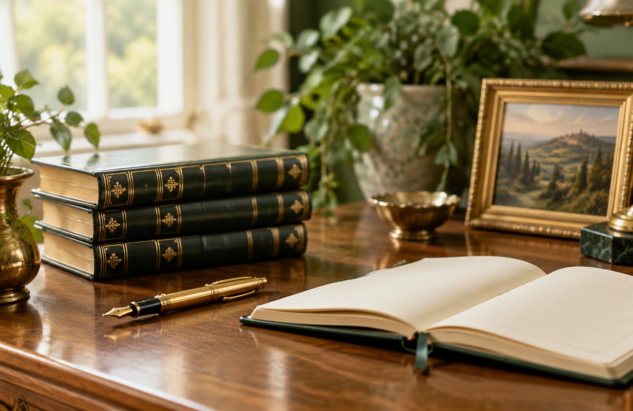 Desk with gold-trimmed books, pen and journal